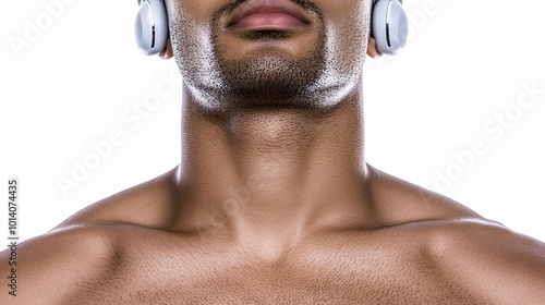 profile side view of a black young adult listening to music with earphones, plain white background,