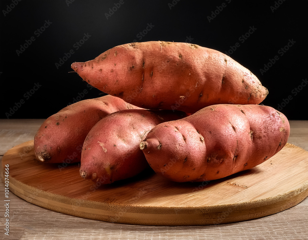sweet potatoes with orange skin placed on a cutting board on a black background sweet potatoes with orange skin placed on a cutting board on a black background