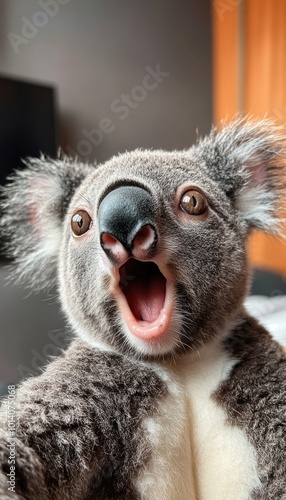 A surprised koala showing excitement in a cozy indoor setting during daylight hours