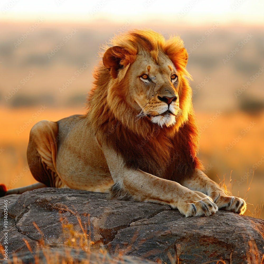 Obraz premium Majestic lion resting on a rock during sunset in the savannah landscape of Africa