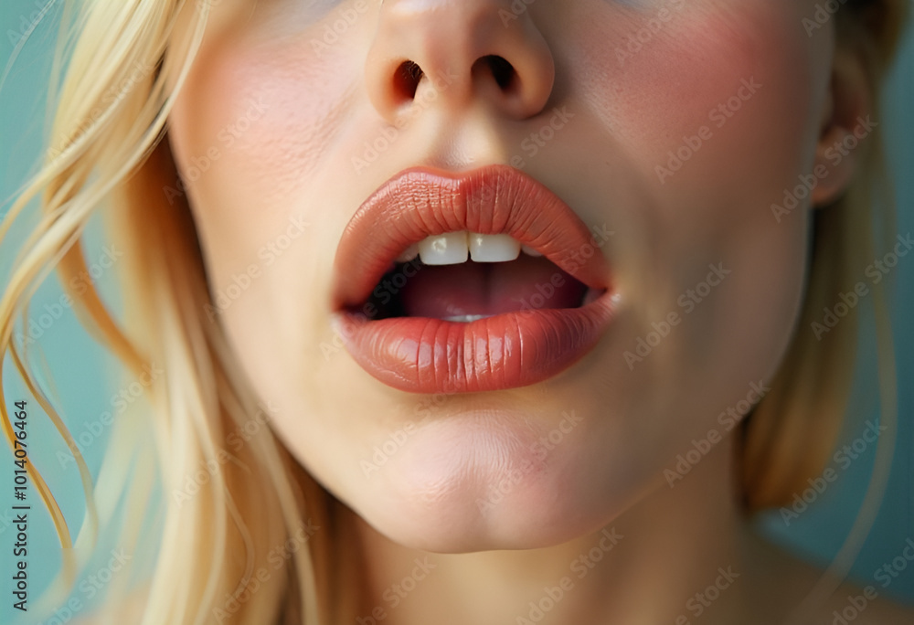 Fototapeta premium A close-up of a blond woman's full lips with brown lipstick, beige backgound