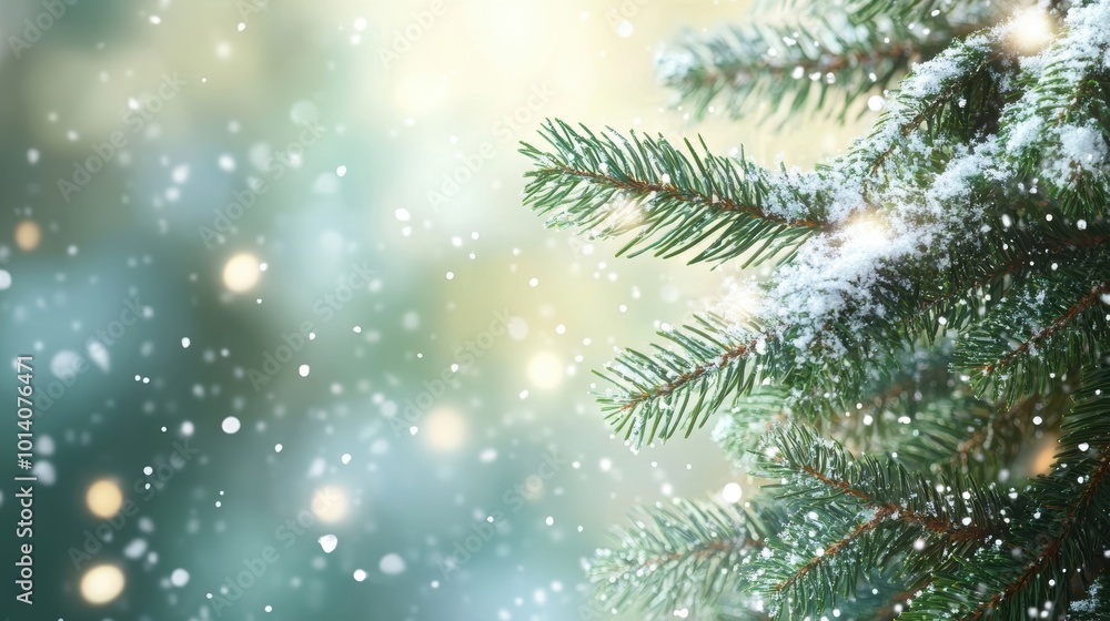 Snowy pine tree branches with soft winter light and falling snowflakes