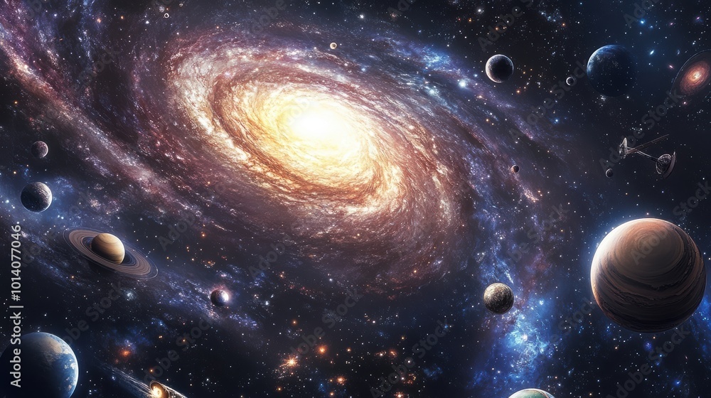 Spiral galaxy with vibrant planets and distant nebulae in space scene Spiral galaxy with vibrant planets and distant nebulae in space scene