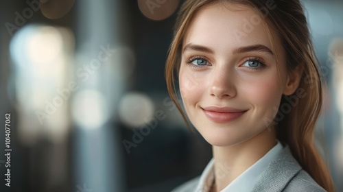 Professional businesswoman smiling in modern office, confidence and success in corporate environment photo