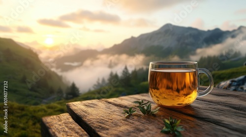 Serene morning tea with misty mountain view in tranquil outdoor setting
