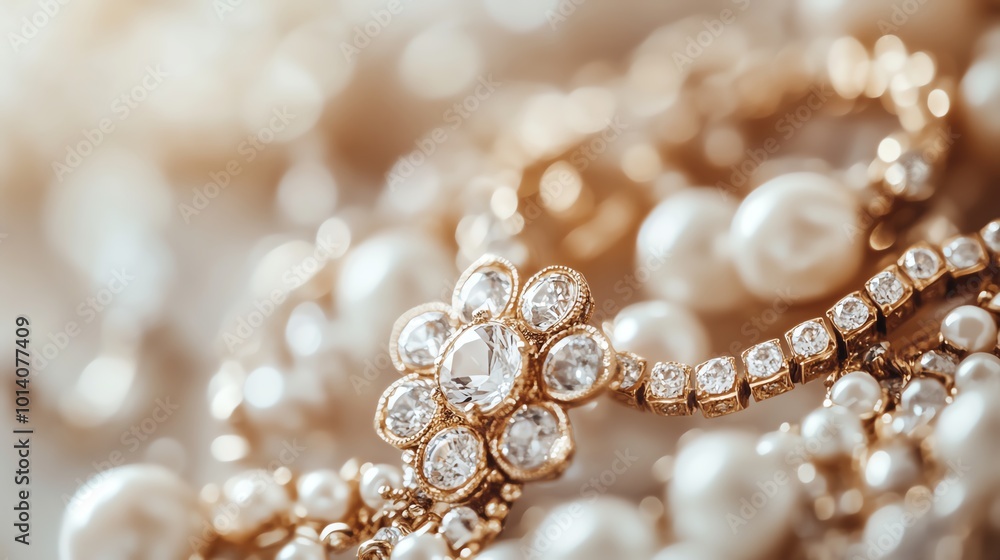 Elegant gold jewelry with sparkling diamonds and pearls, capturing luxury and refinement in a stunning close-up shot. Elegant gold jewelry with sparkling diamonds and pearls, capturing luxury and refinement in a stunning close-up shot.