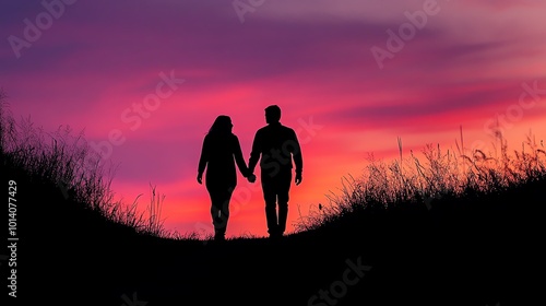 Silhouette of a couple holding hands, walking at sunset, surrounded by vibrant pink and purple sky, evoking romance and tranquility.