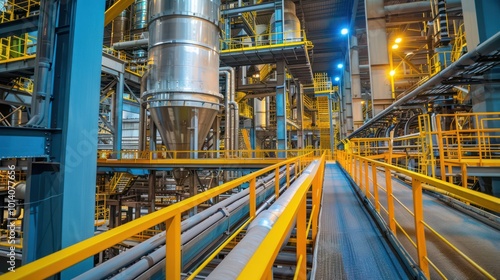 A modern industrial facility featuring machinery, pipes, and walkways, designed for manufacturing processes.