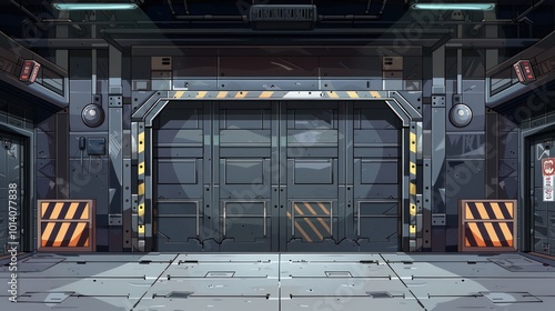 A futuristic industrial setting featuring large metallic doors and safety barriers, suitable for a sci-fi or game environment.