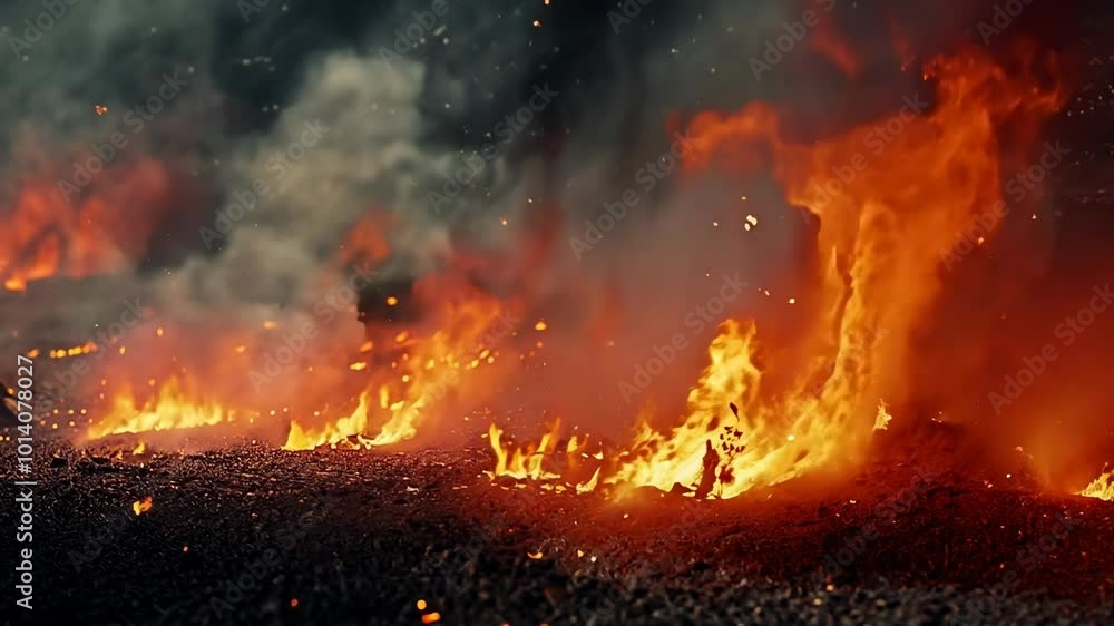 Wildfire grips a forest, with intense flames and thick smoke creating a dramatic and dangerous scene. The vivid firestorm sweeps through dry vegetation, turning the landscape into a fiery inferno. Wildfire grips a forest, with intense flames and thick smoke creating a dramatic and dangerous scene. The vivid firestorm sweeps through dry vegetation, turning the landscape into a fiery inferno.