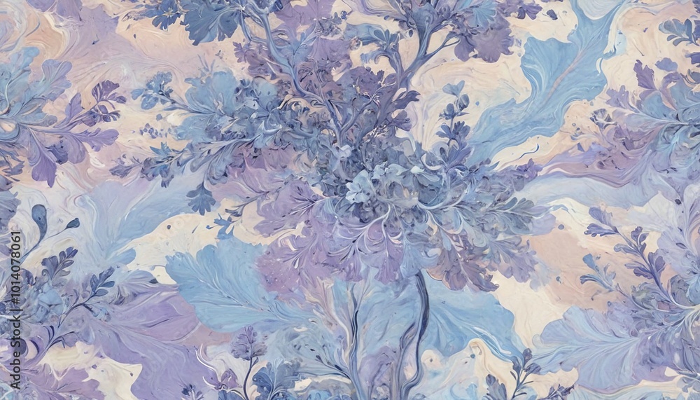 A serene marbled paper design in soft lavenders and pale blues, evoking the tranquility of a quiet garden at dawn with gentle, flowing patterns, Generative AI A serene marbled paper design in soft lavenders and pale blues, evoking the tranquility of a quiet garden at dawn with gentle, flowing patterns, Generative AI
