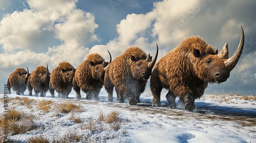 Majestic herd of prehistoric woolly rhinos traversing a snowy landscape under a dramatic sky, showcasing ancient beauty and strength.