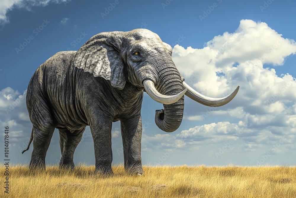 Fototapeta premium Majestic elephant standing in a grassy savannah under a vibrant blue sky with fluffy clouds, showcasing the beauty of wildlife and nature.