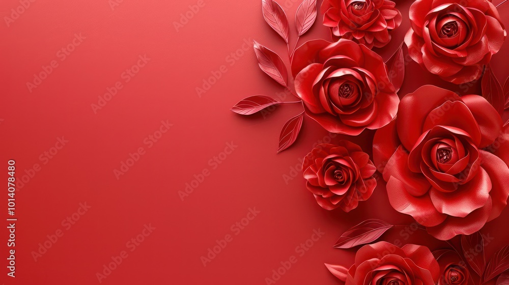 A vibrant red background adorned with beautifully crafted red roses and leaves, perfect for romantic or decorative themes. A vibrant red background adorned with beautifully crafted red roses and leaves, perfect for romantic or decorative themes.