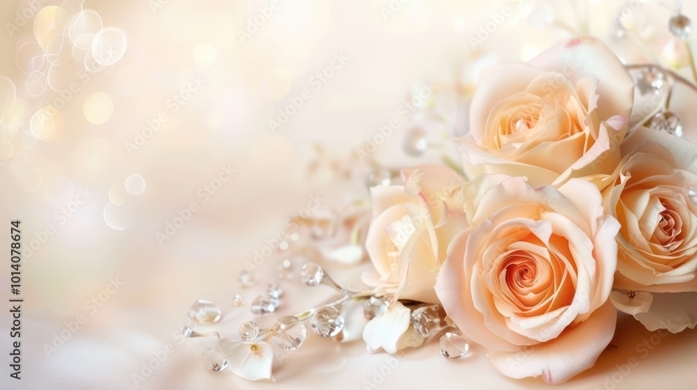 A delicate arrangement of soft peach roses adorned with sparkling crystals, creating an elegant and romantic atmosphere.