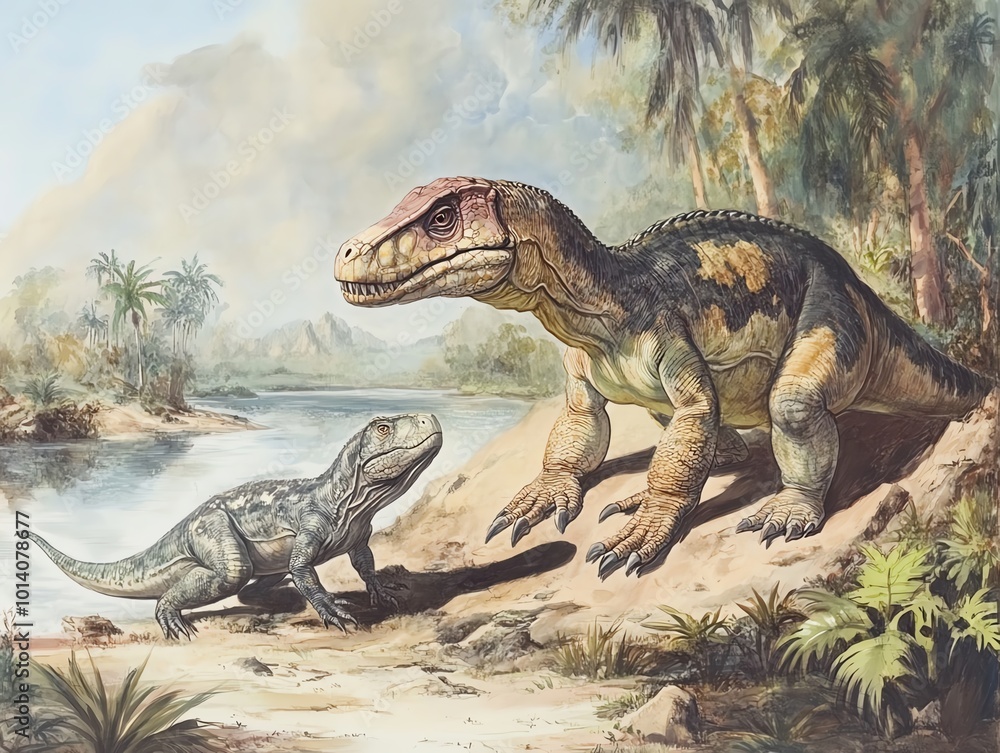 Fototapeta premium Ancient dinosaurs by a river in a lush prehistoric landscape with towering trees and dense foliage under a bright sky.