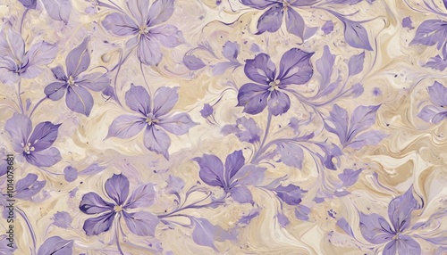 An elegant marbled paper design in soft cream and gentle lavender, evoking the delicate beauty of blooming flowers in a spring garden, with swirling petal-like patterns, Generative AI