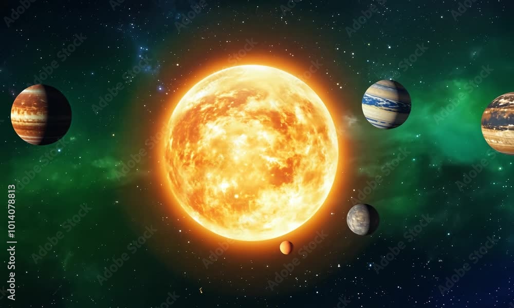Sun at the center of a bustling solar system with many planets. Video Sun at the center of a bustling solar system with many planets. Video
