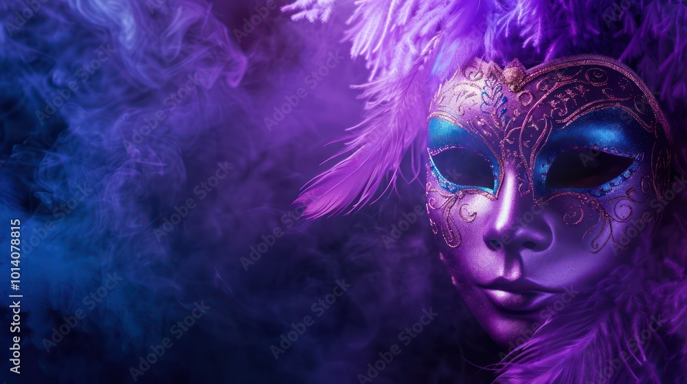 A vibrant masquerade mask adorned with feathers and intricate designs, set against a smoky purple background. A vibrant masquerade mask adorned with feathers and intricate designs, set against a smoky purple background.