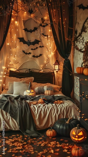 A Halloween-themed bedroom decorated with lights and pumpkins, bat wall... photo