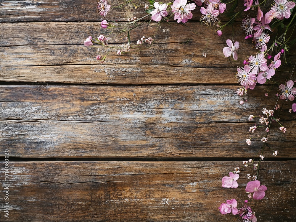 Rustic wooden background with delicate pink flowers. Perfect for a natural, vintage, or romantic theme. Space for text or design. Rustic wooden background with delicate pink flowers. Perfect for a natural, vintage, or romantic theme. Space for text or design.