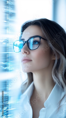 Beautiful woman in glasses, business-style portrait, hologram of data and code floating around her head, blurred background with a window, 