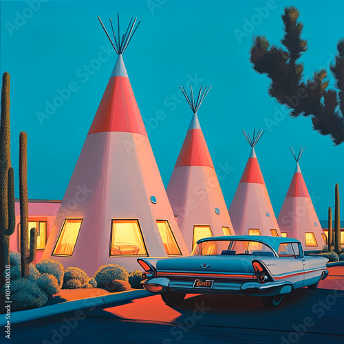 A scene of the famous teepee-shaped motel rooms on Route 66 at dusk in the 1950s