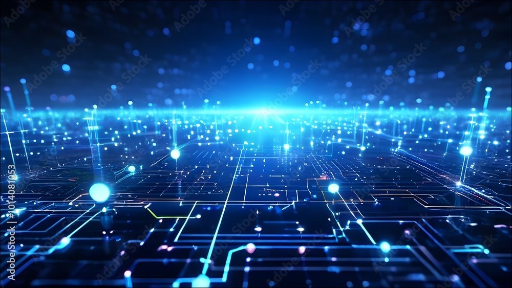 Show a network of interconnected AI systems, each represented by glowing nodes in a futuristic digital landscape. Show a network of interconnected AI systems, each represented by glowing nodes in a futuristic digital landscape.
