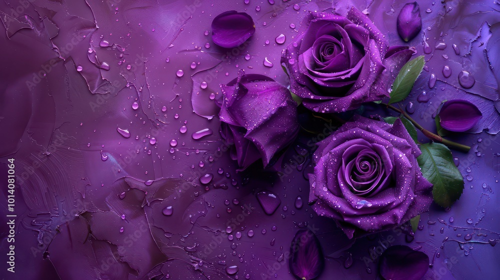 A close-up of vibrant purple roses with water droplets on a textured background, evoking beauty and elegance. A close-up of vibrant purple roses with water droplets on a textured background, evoking beauty and elegance.