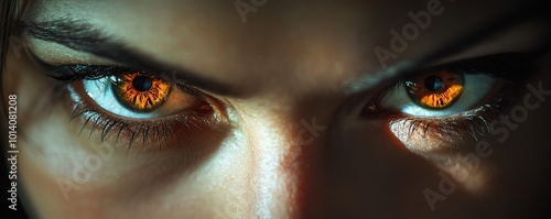 Close-up of intense amber eyes glowing in the dark, conveying mystery and power through a captivating, piercing gaze. photo