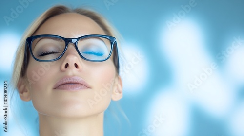 Beautiful woman in glasses, business-style portrait, hologram of data and code floating around her head, blurred background with a window, 