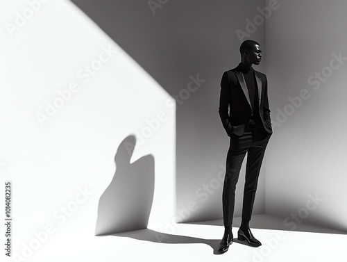 Stylish man in black suit standing in a modern, minimalist space with sharp shadows. Strong contrast between light and darkness.