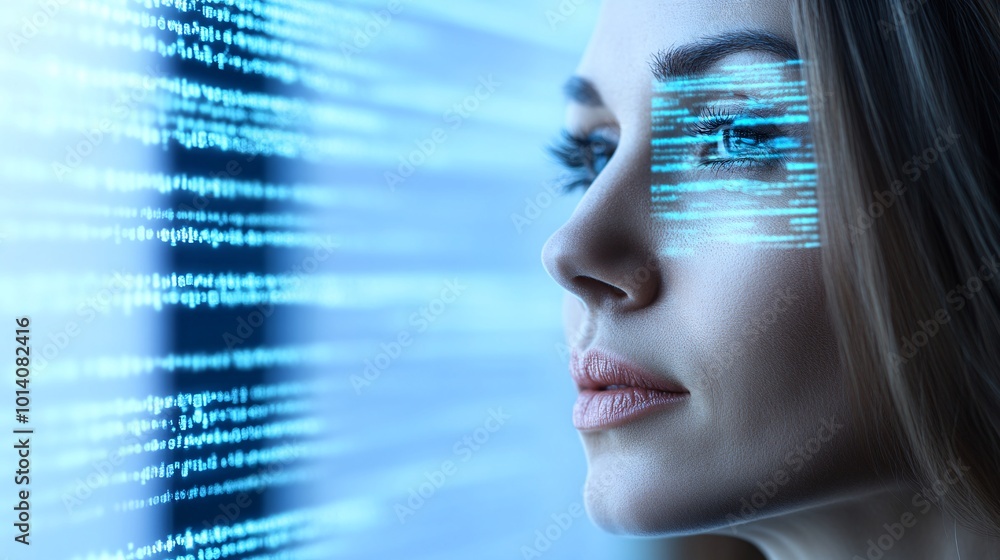 Beautiful woman in glasses, business-style portrait, hologram of data and code floating around her head, blurred background with a window, Beautiful woman in glasses, business-style portrait, hologram of data and code floating around her head, blurred background with a window,
