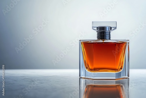 Elegant glass perfume bottle with amber liquid on sleek surface, showcasing luxury fragrance design and timeless style.