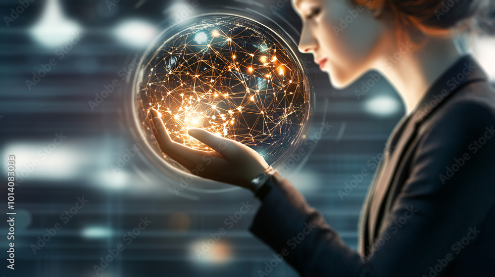 Fototapeta premium an AI consulting company. Include elements of tech woman,circles and nets, intelligence, innovation, and technology, futuristic design. 