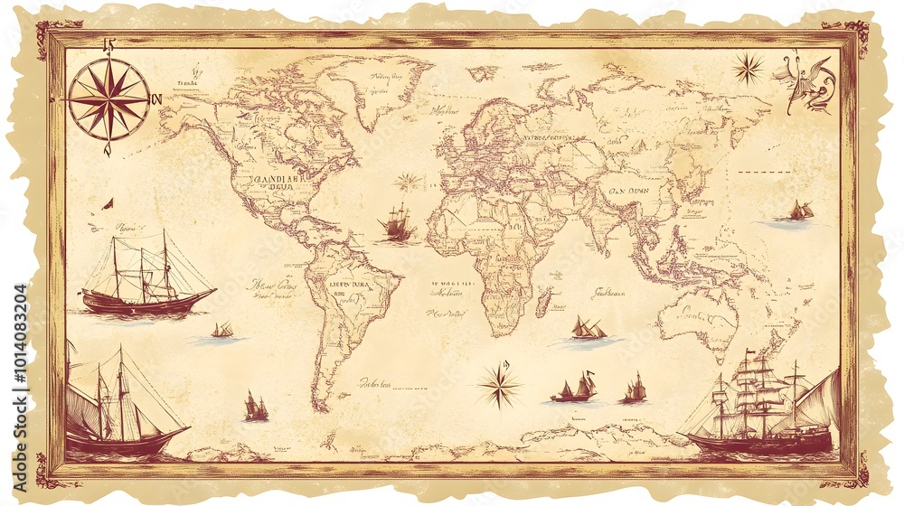Obraz premium Vector illustration of a vintage map of the Caribbean Sea on worn parchment, featuring ships, islands, land, wind rose, and cardinal points, with a fantasy world design
