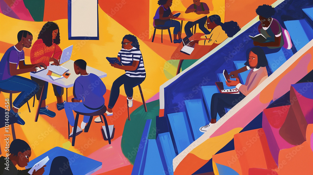 Learning Depiction An abstract depiction of a high school, with diverse students studying ...