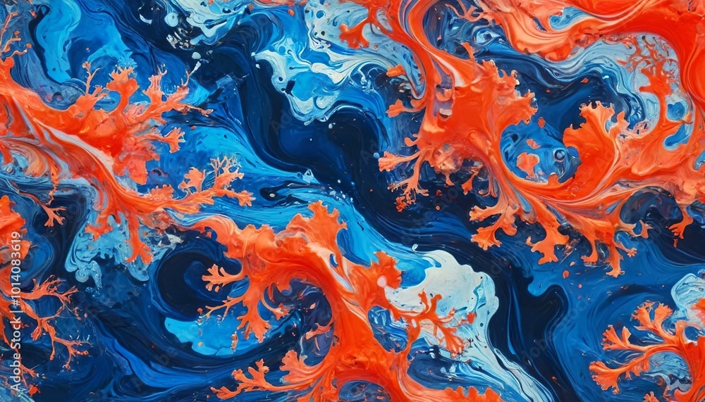 Fototapeta premium A vibrant marbled paper composition in deep ocean blue and bright coral, reflecting the beauty of marine ecosystems and the need for ocean conservation, with dynamic swirling designs, Generative AI