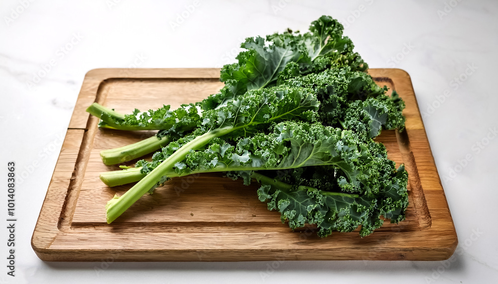 kale leaves neatly arranged on a cutting board on a white background kale leaves neatly arranged on a cutting board on a white background