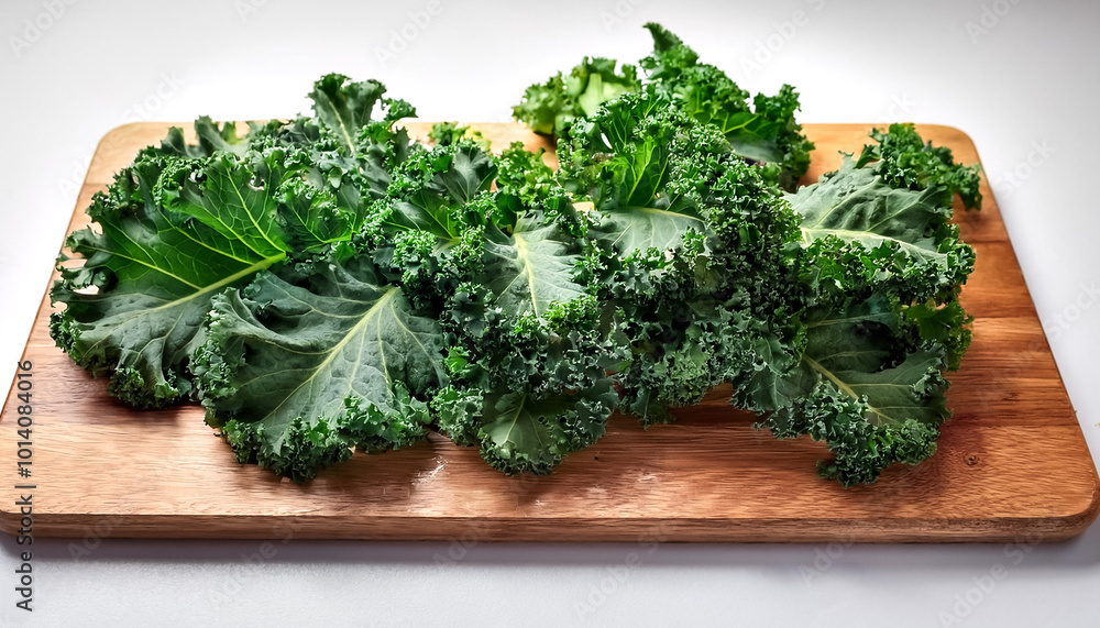 kale leaves neatly arranged on a cutting board on a white background kale leaves neatly arranged on a cutting board on a white background