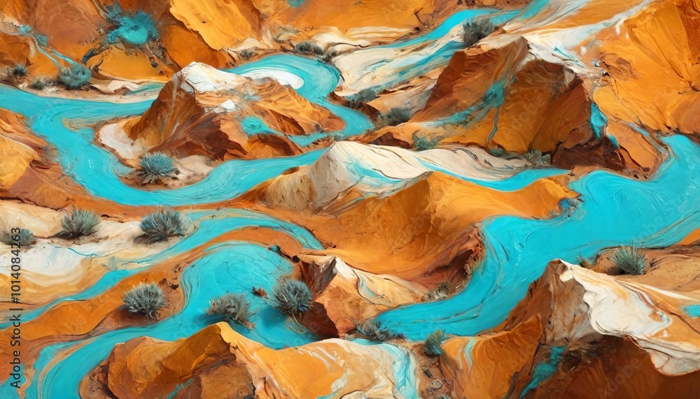 Naklejka premium Earthy ochre and turquoise evoke desert landscapes, symbolizing resilience and sustainability, Generative AI