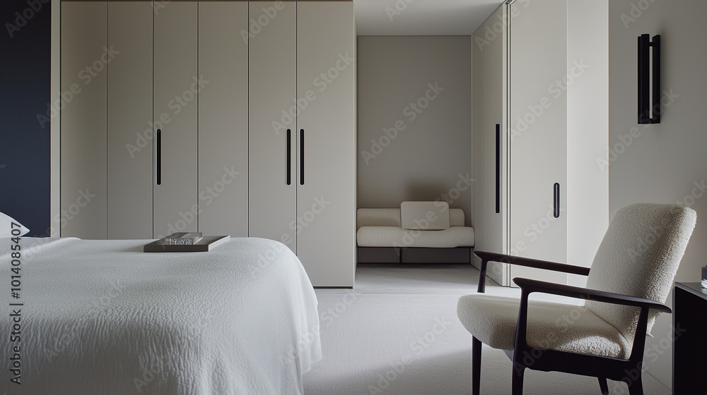 a minimalist white bedroom set against pale gray walls a minimalist white bedroom set against pale gray walls