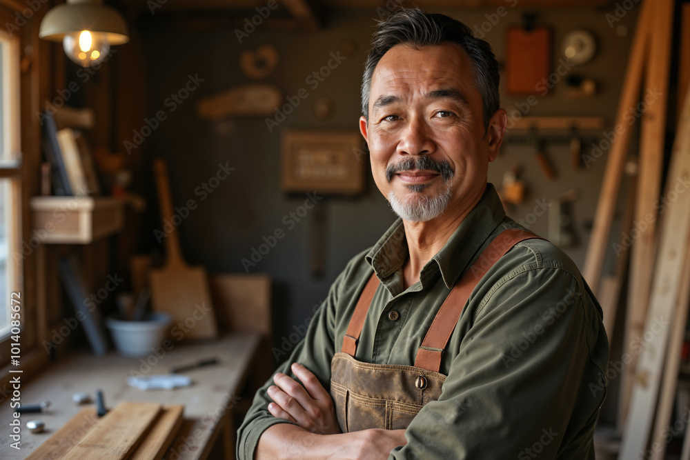 Smiling man with a beard, wearing a green shirt and brown suspenders, stands in front of a workshop filled with woodworking tools and materials. Smiling man with a beard, wearing a green shirt and brown suspenders, stands in front of a workshop filled with woodworking tools and materials.