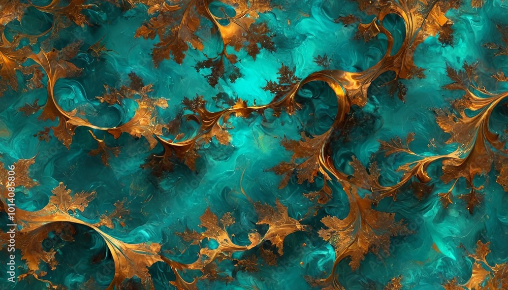 Naklejka premium Dark teal and shimmering bronze swirl together, reflecting the mystery of magical forests shrouded in mist, Generative AI
