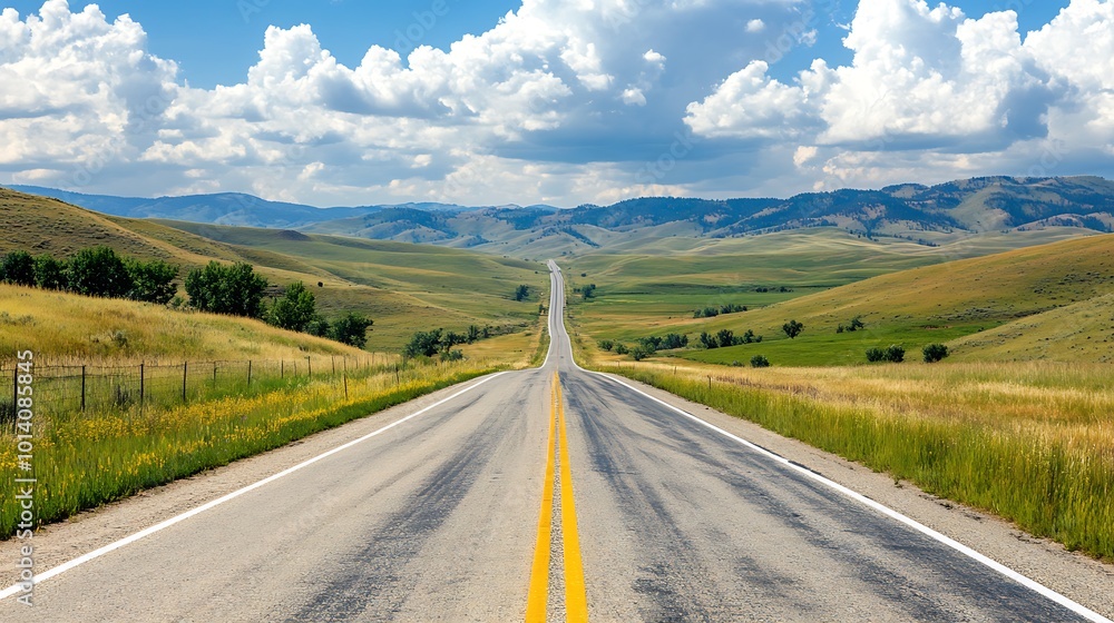 A long, straight road stretches through rolling hills under a blue sky with white clouds. A long, straight road stretches through rolling hills under a blue sky with white clouds.