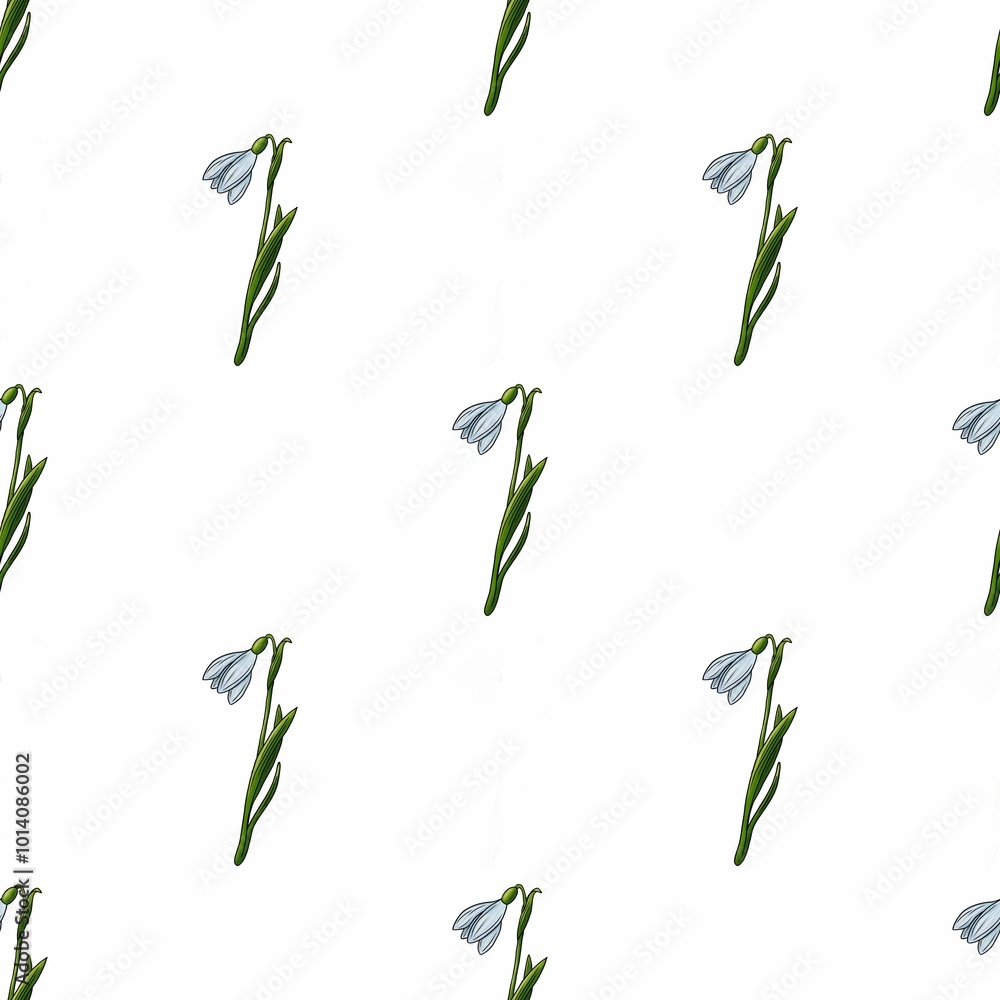 Fototapeta premium Seamless Snowdrops Pattern with White Background