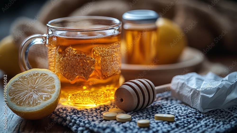 A close-up of traditional cold remedies on a simple background-honey, lemon, a mug of hot tea, a box of tissues, and a bottle of medicine A close-up of traditional cold remedies on a simple background-honey, lemon, a mug of hot tea, a box of tissues, and a bottle of medicine