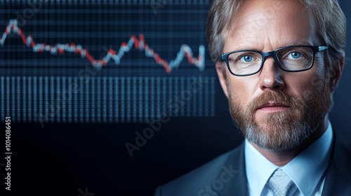 confident businessman with a beard and glasses, looking away in an office setting with a cityscape background.