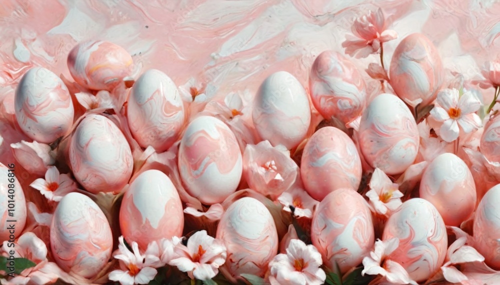 Soft pastel pink and white create a dreamy design reminiscent of Easter eggs hidden among blooming flowers, Generative AI Soft pastel pink and white create a dreamy design reminiscent of Easter eggs hidden among blooming flowers, Generative AI