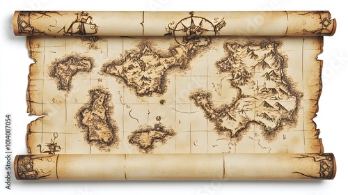 Vintage pirate treasure map rolled out on white background, showcasing detailed drawings of islands and treasure locations, perfect for adventure themes and historical design elements photo